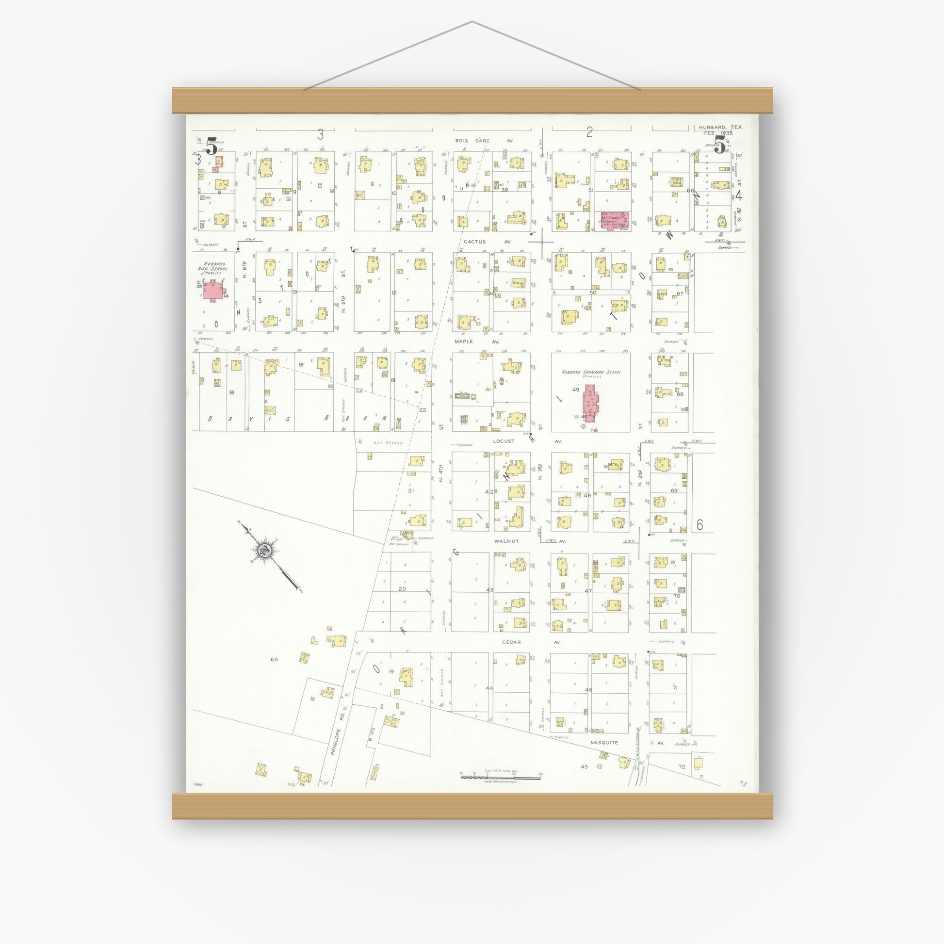Old map wall art mockup — magnetic wood frame on white wall — Sanborn Fire Insurance Map from Hubbard, Hill County, Texas (1935), Sheet #0005