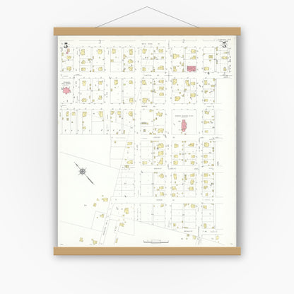 Old map wall art mockup — magnetic wood frame on white wall — Sanborn Fire Insurance Map from Hubbard, Hill County, Texas (1935), Sheet #0005