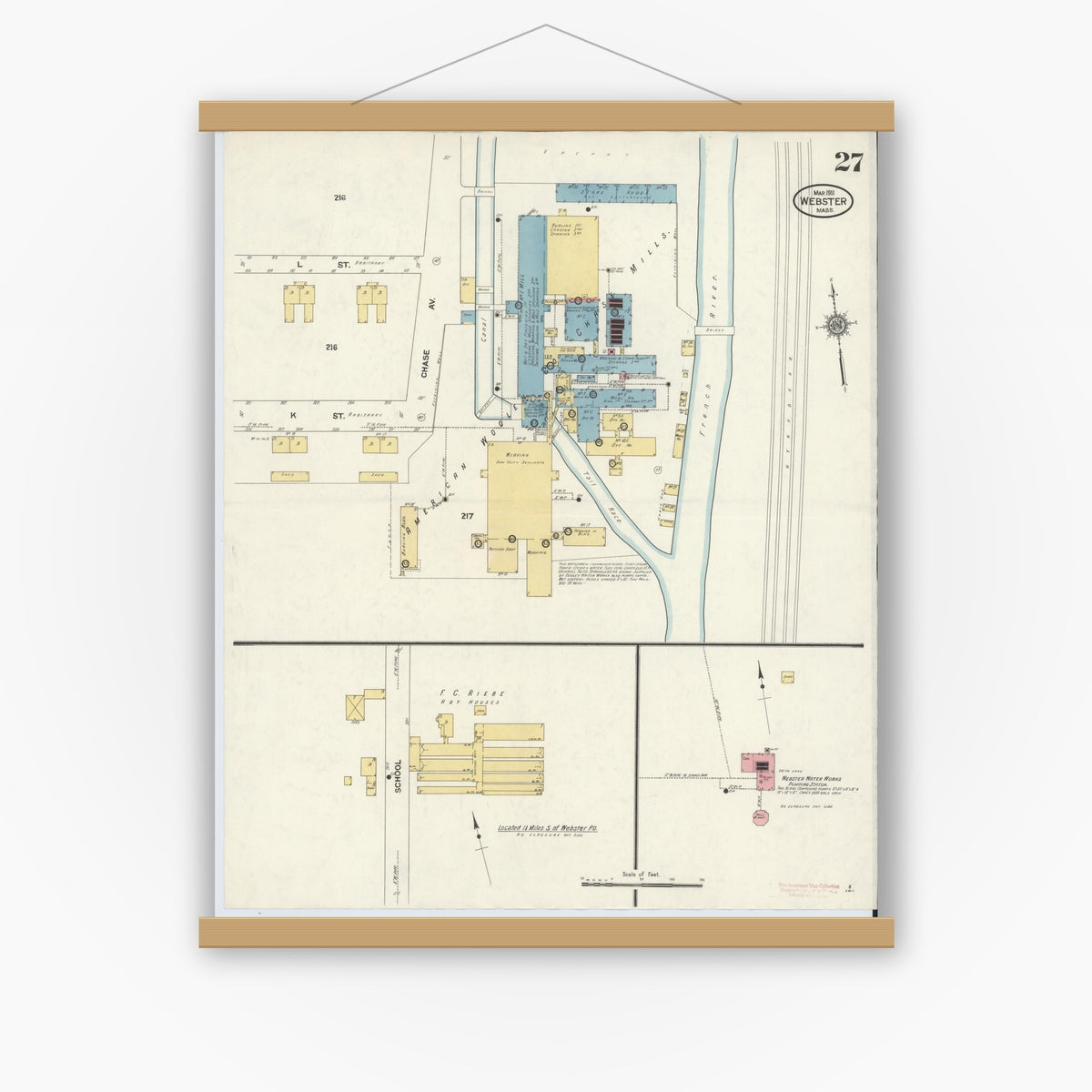 Old map wall art mockup — magnetic wood frame on white wall — Sanborn Fire Insurance Map from Webster, Worcester County, Massachusetts (1911), Sheet #0027
