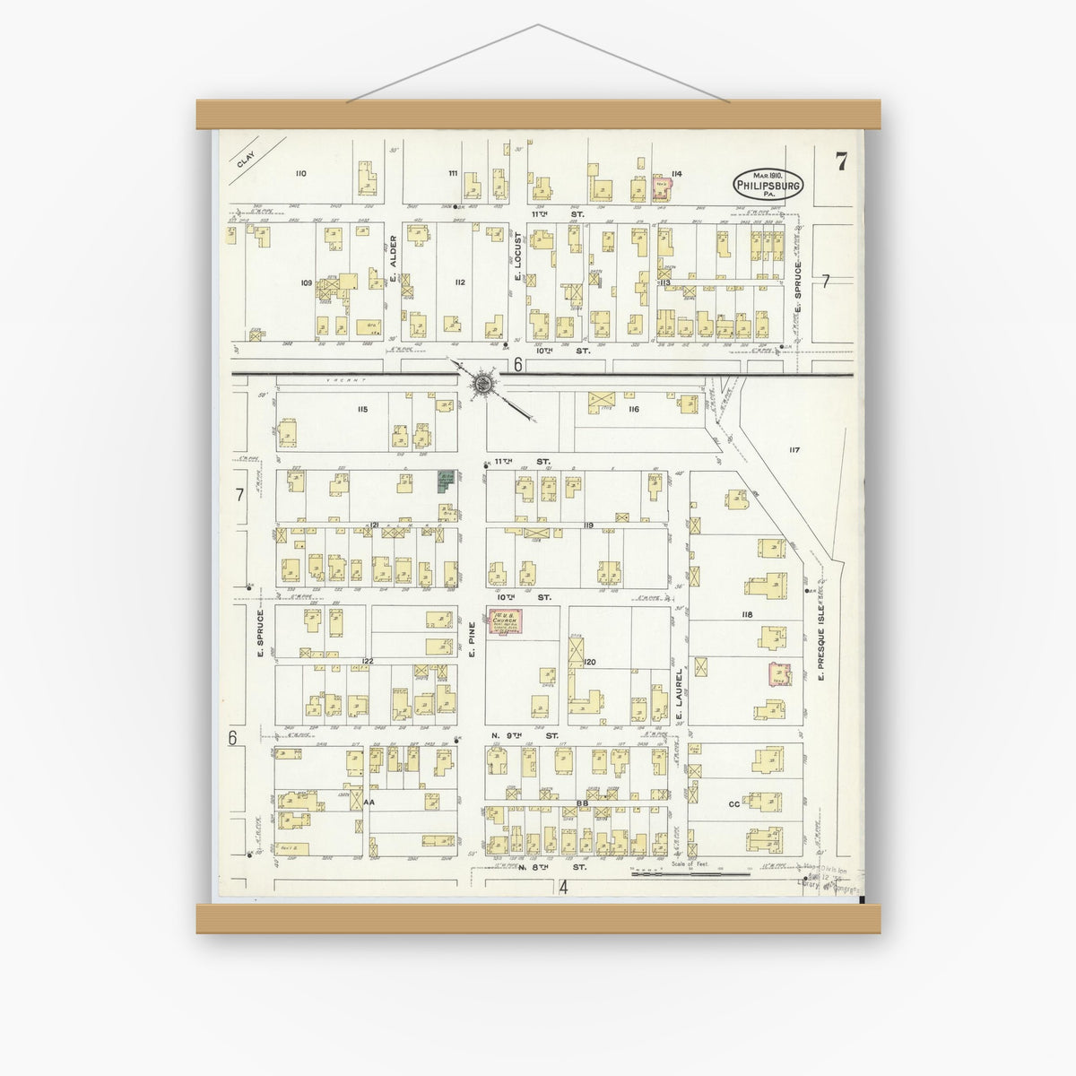 Old map wall art mockup — magnetic wood frame on white wall — Sanborn Fire Insurance Map from Philipsburg, Centre County, Pennsylvania (1910), Sheet #0007