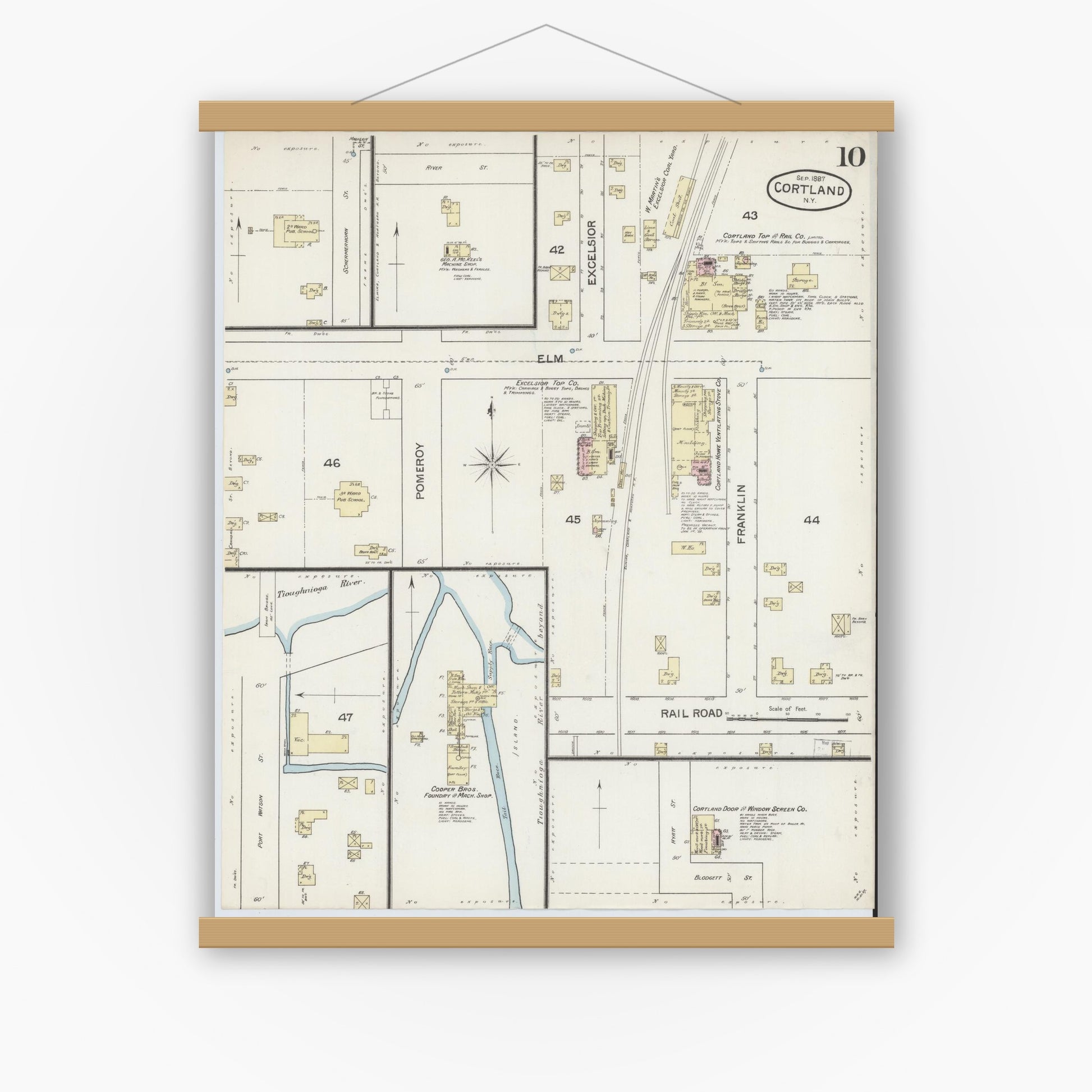 Old map wall art mockup — magnetic wood frame on white wall — Sanborn Fire Insurance Map from Cortland, Cortland County, New York (1887), Sheet #0010