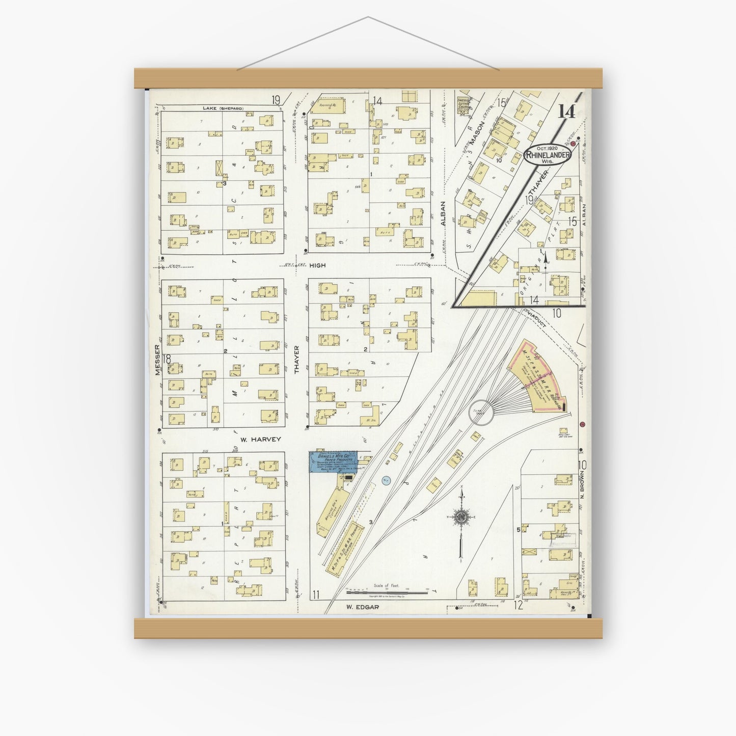Old map wall art mockup — magnetic wood frame on white wall — Sanborn Fire Insurance Map from Rhinelander, Oneida County, Wisconsin (1920), Sheet #0014