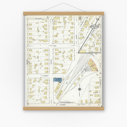 Old map wall art mockup — magnetic wood frame on white wall — Sanborn Fire Insurance Map from Rhinelander, Oneida County, Wisconsin (1920), Sheet #0014