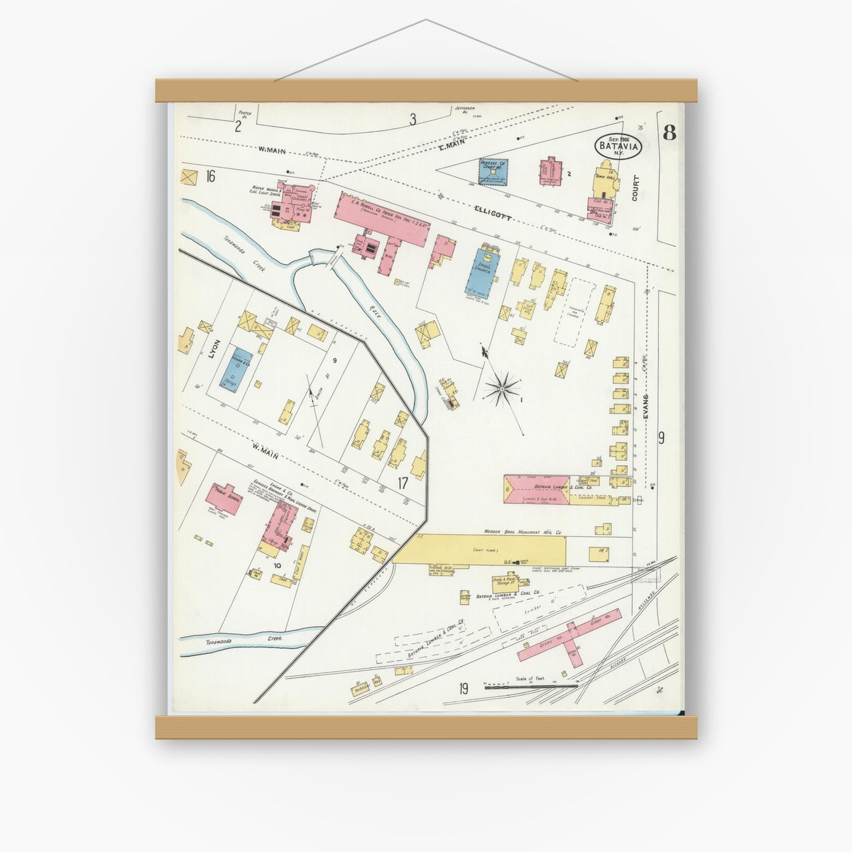 Old map wall art mockup — magnetic wood frame on white wall — Sanborn Fire Insurance Map from Batavia, Genesee County, New York (1906), Sheet #0008