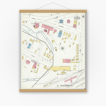 Old map wall art mockup — magnetic wood frame on white wall — Sanborn Fire Insurance Map from Batavia, Genesee County, New York (1906), Sheet #0008