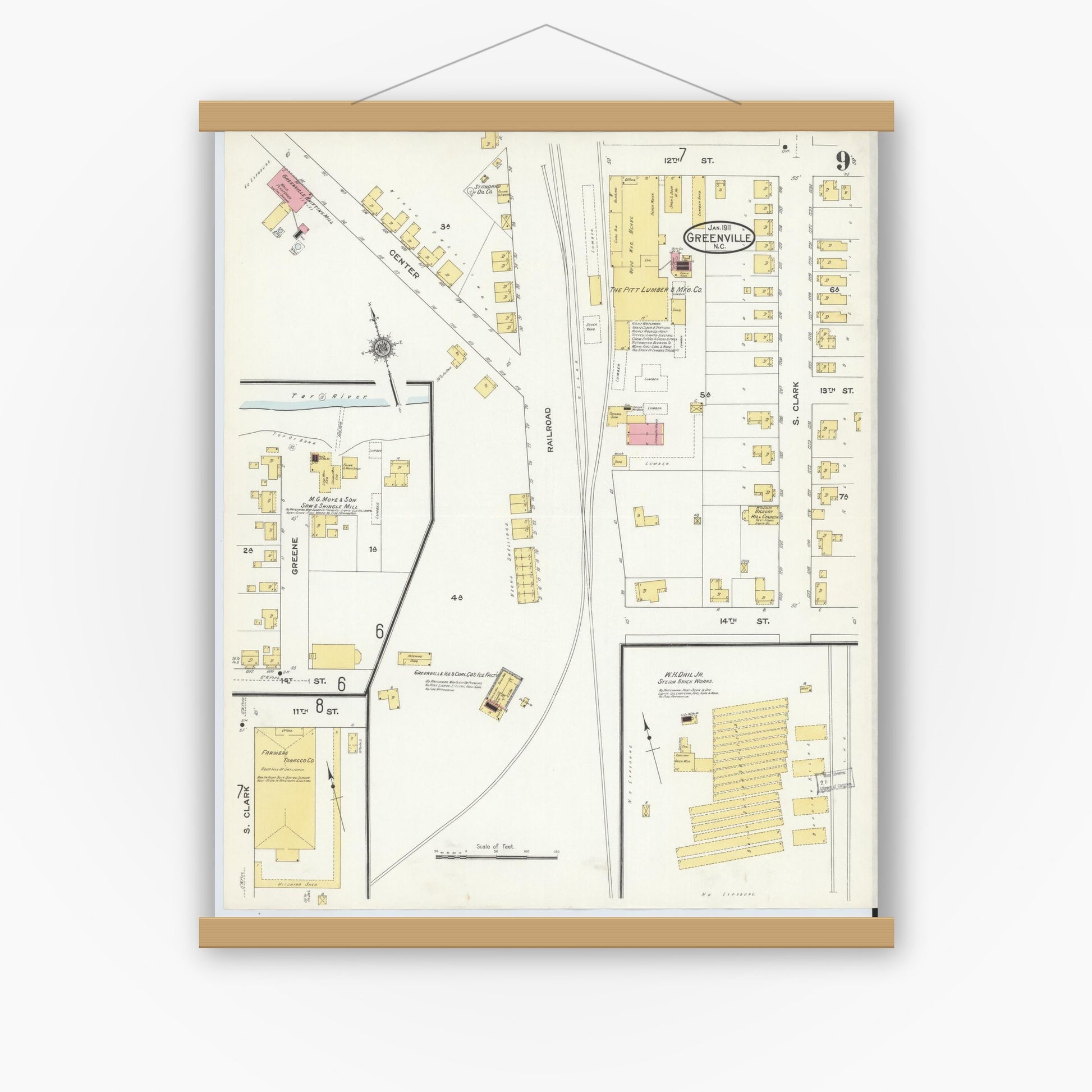 Old map wall art mockup — magnetic wood frame on white wall — Sanborn Fire Insurance Map from Greenville, Pitt County, North Carolina (1911), Sheet #0009