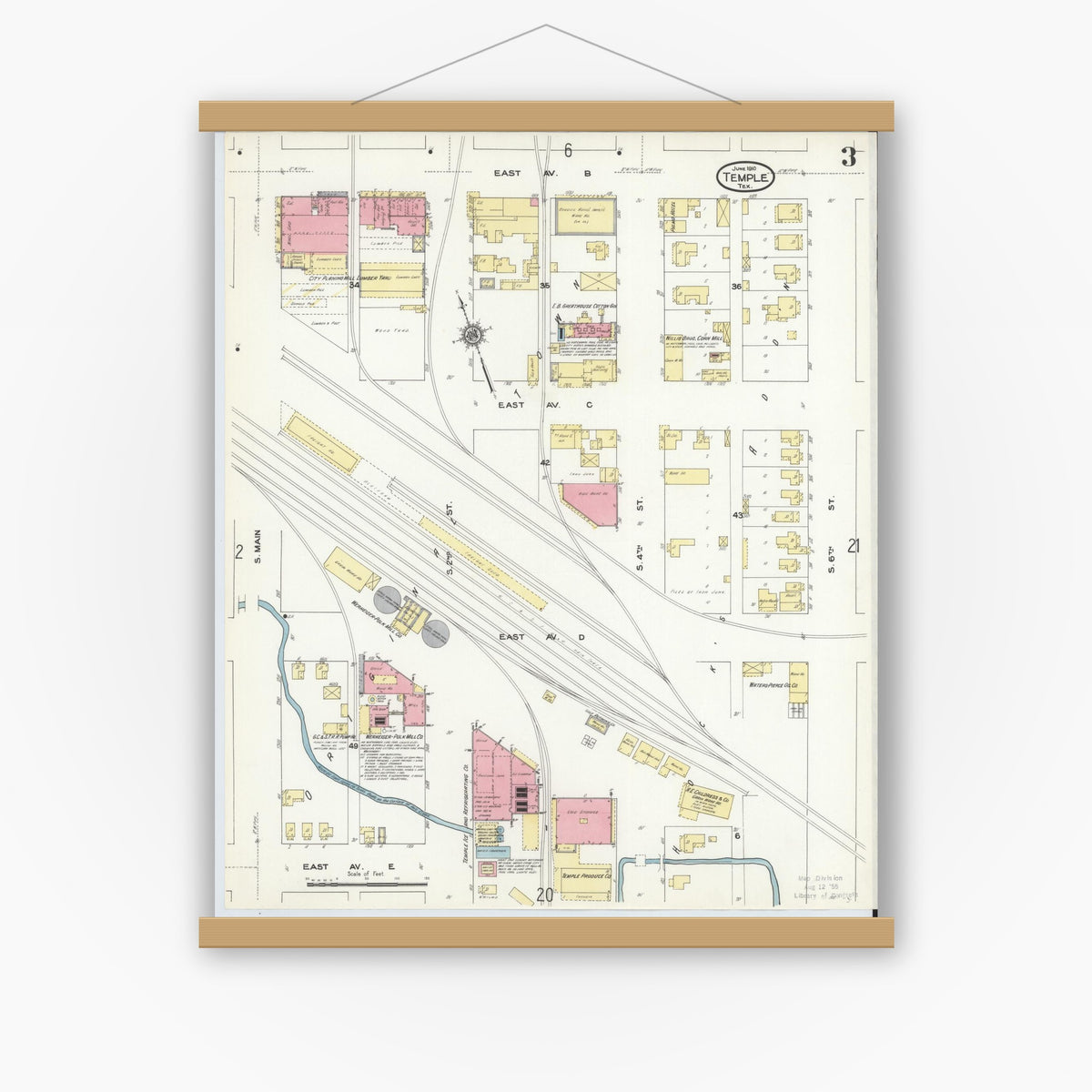 Old map wall art mockup — magnetic wood frame on white wall — Sanborn Fire Insurance Map from Temple, Bell County, Texas (1910), Sheet #0003