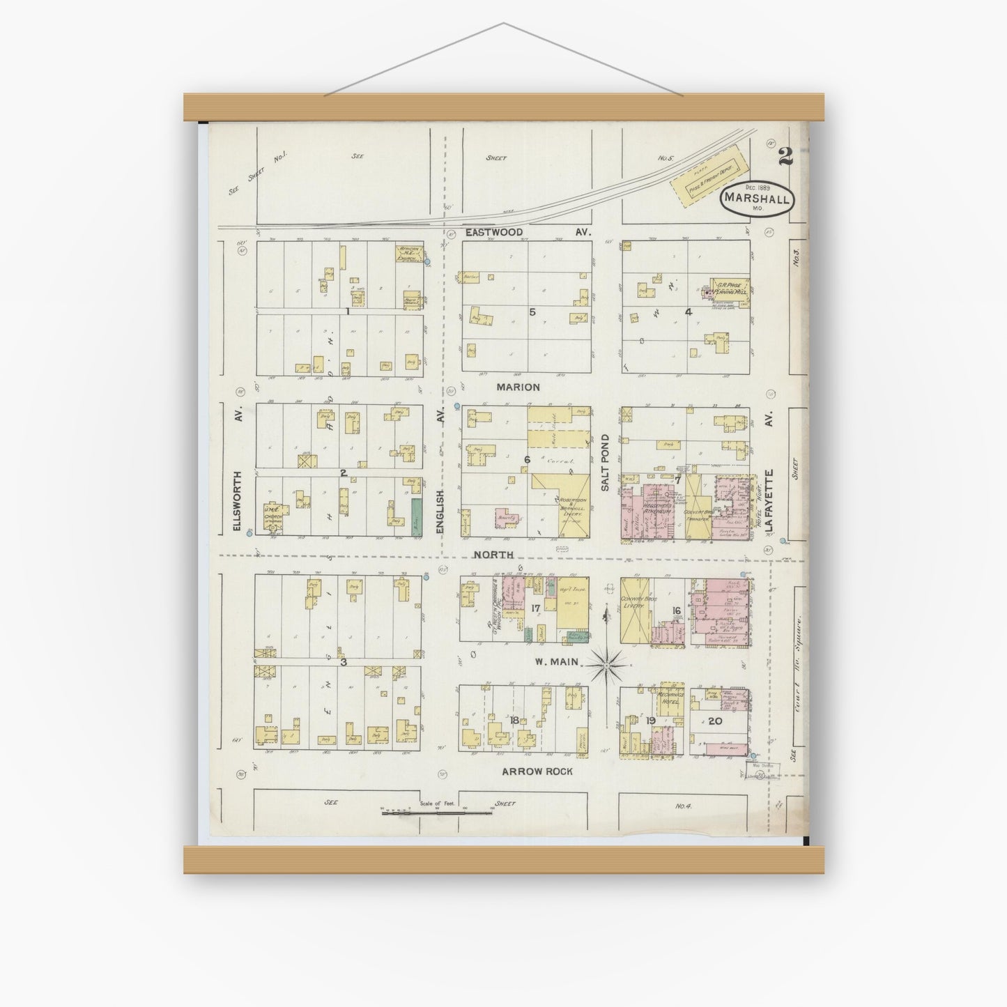 Old map wall art mockup — magnetic wood frame on white wall — Sanborn Fire Insurance Map from Marshall, Saline County, Missouri (1889), Sheet #0002
