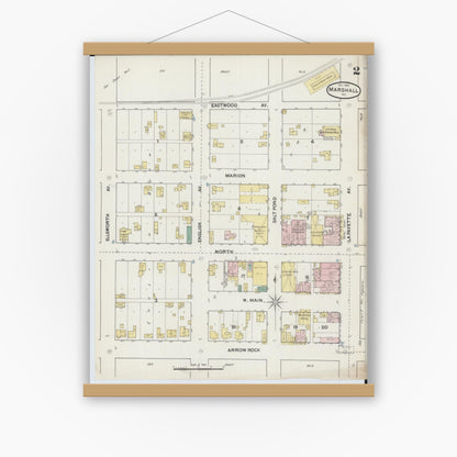 Old map wall art mockup — magnetic wood frame on white wall — Sanborn Fire Insurance Map from Marshall, Saline County, Missouri (1889), Sheet #0002