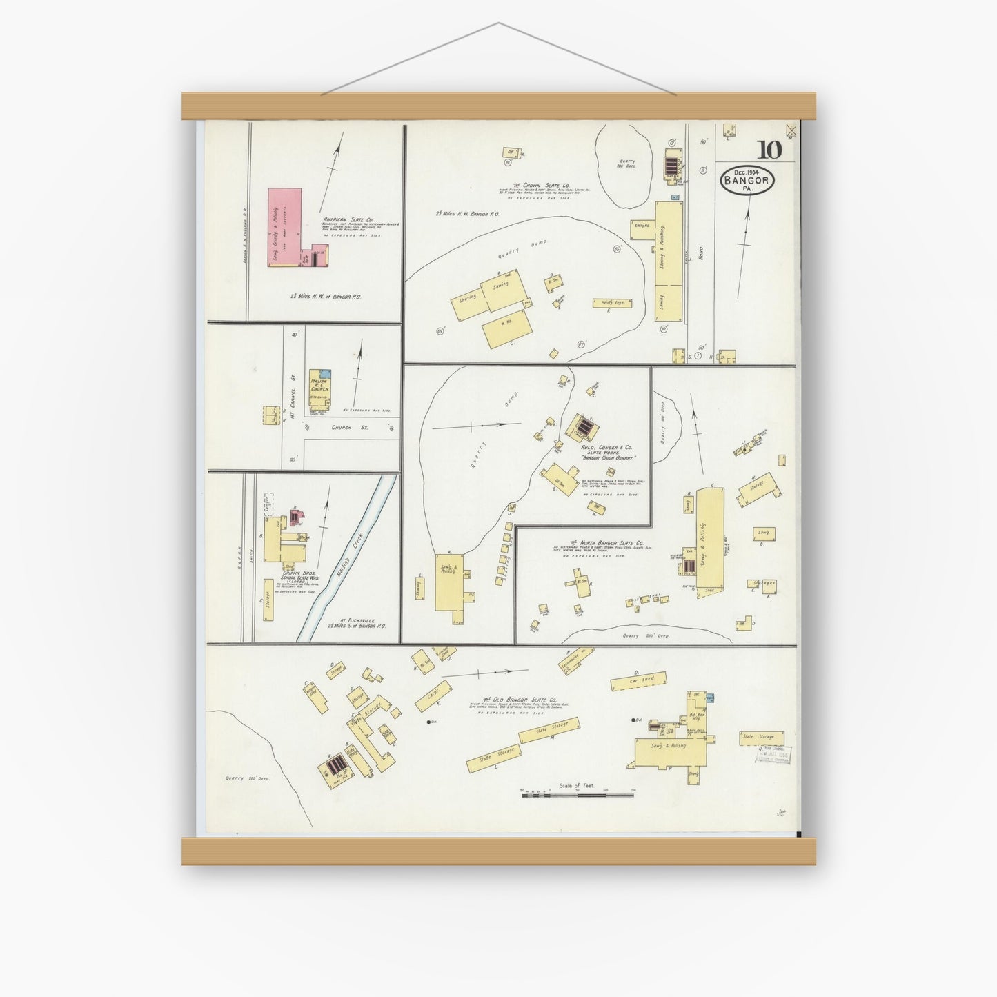 Old map wall art mockup — magnetic wood frame on white wall — Sanborn Fire Insurance Map from Bangor, Northampton County, Pennsylvania (1904), Sheet #0010