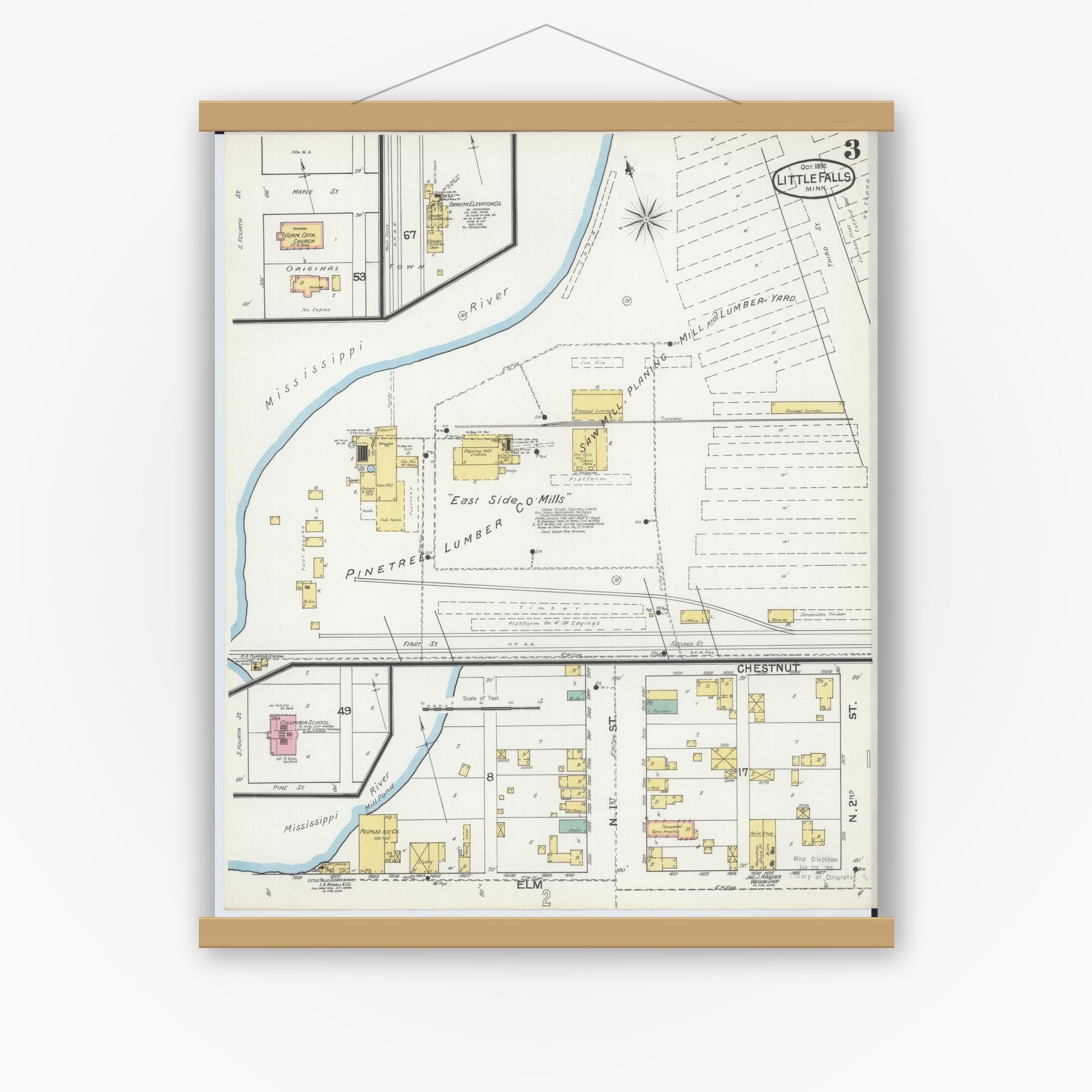 Old map wall art mockup — magnetic wood frame on white wall — Sanborn Fire Insurance Map from Little Falls, Morrison County, Minnesota (1892), Sheet #0003
