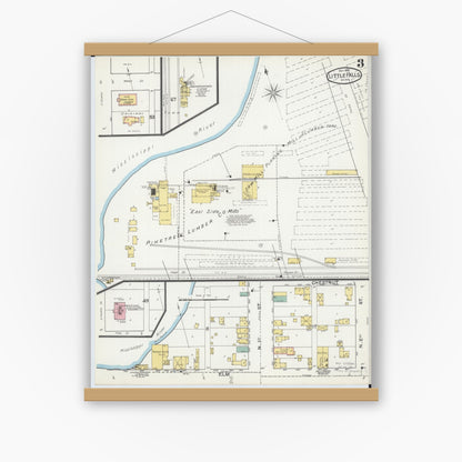 Old map wall art mockup — magnetic wood frame on white wall — Sanborn Fire Insurance Map from Little Falls, Morrison County, Minnesota (1892), Sheet #0003