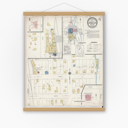 Old map wall art mockup — magnetic wood frame on white wall — Sanborn Fire Insurance Map from Central Lake, Antrim County, Michigan (1929) - Complete Map Set
