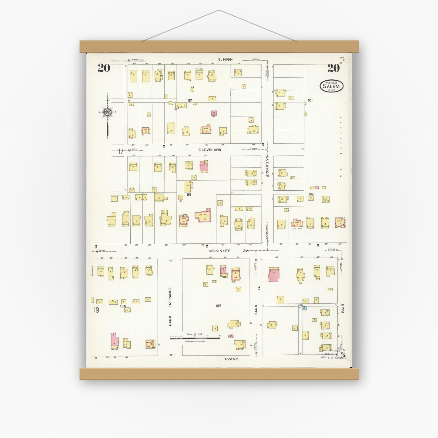 Old map wall art mockup — magnetic wood frame on white wall — Sanborn Fire Insurance Map from Salem, Columbiana County, Ohio (1926), Sheet #0020