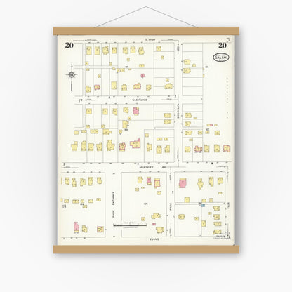 Old map wall art mockup — magnetic wood frame on white wall — Sanborn Fire Insurance Map from Salem, Columbiana County, Ohio (1926), Sheet #0020