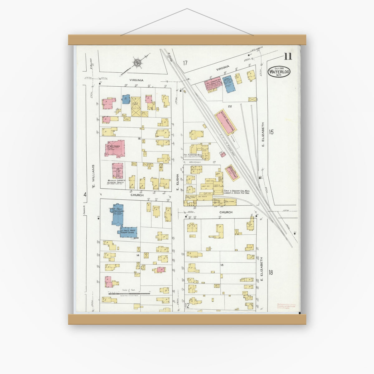 Old map wall art mockup — magnetic wood frame on white wall — Sanborn Fire Insurance Map from Waterloo, Seneca County, New York (1918), Sheet #0011