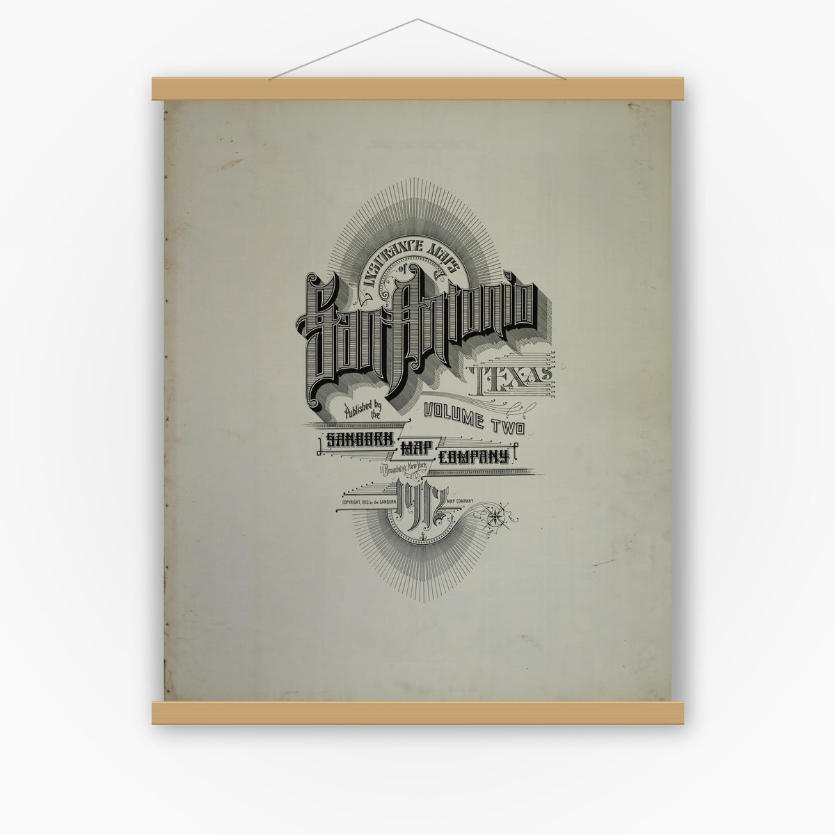 Old map wall art mockup — magnetic wood frame on white wall — Sanborn Fire Insurance Map from San Antonio, Bexar County, Texas (1912), Sheet #0001