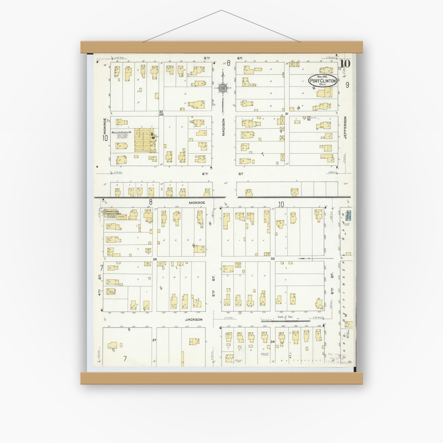 Old map wall art mockup — magnetic wood frame on white wall — Sanborn Fire Insurance Map from Port Clinton, Ottawa County, Ohio (1910), Sheet #0010