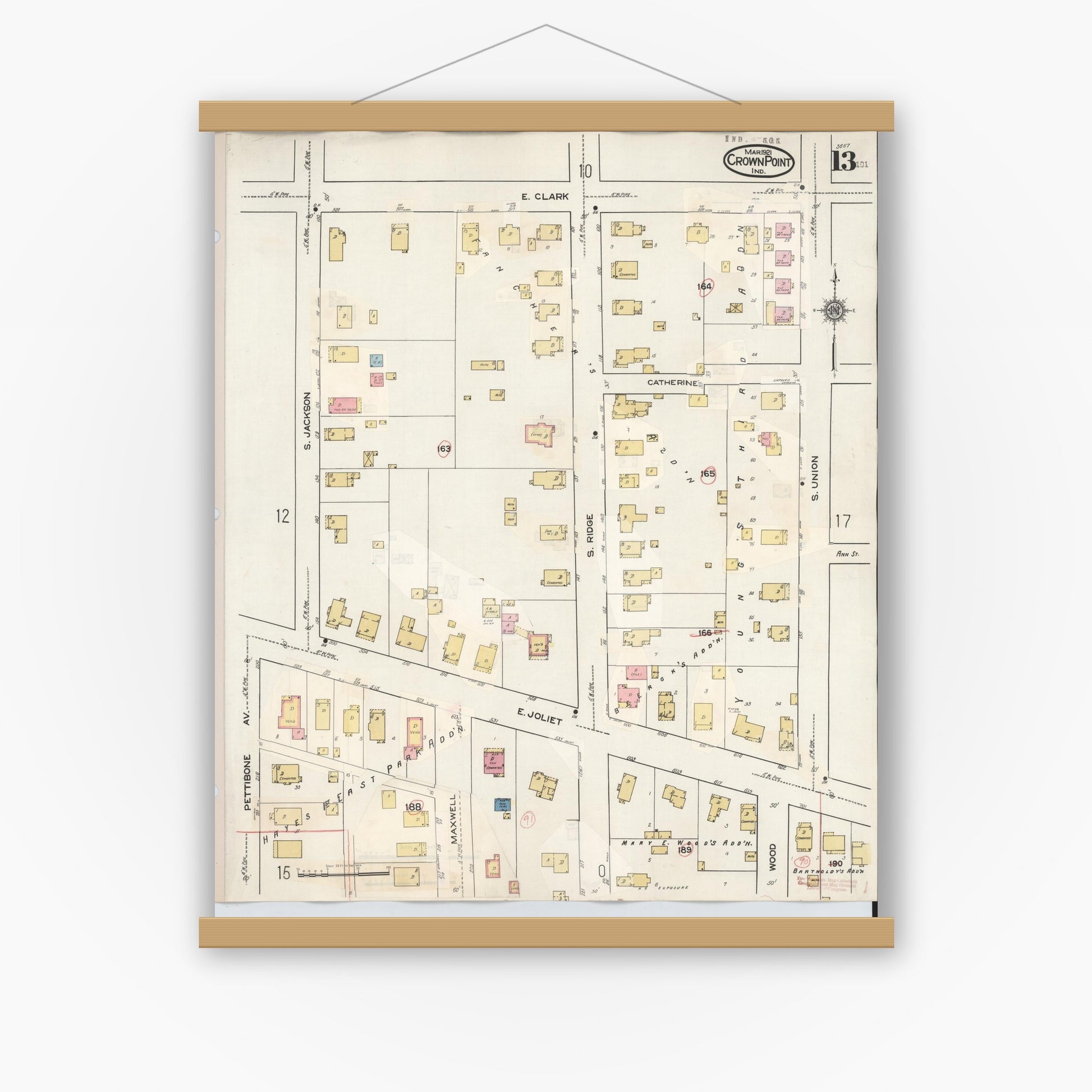Old map wall art mockup — magnetic wood frame on white wall — Sanborn Fire Insurance Map from Crown Point, Lake County, Indiana (1948), Sheet #0013