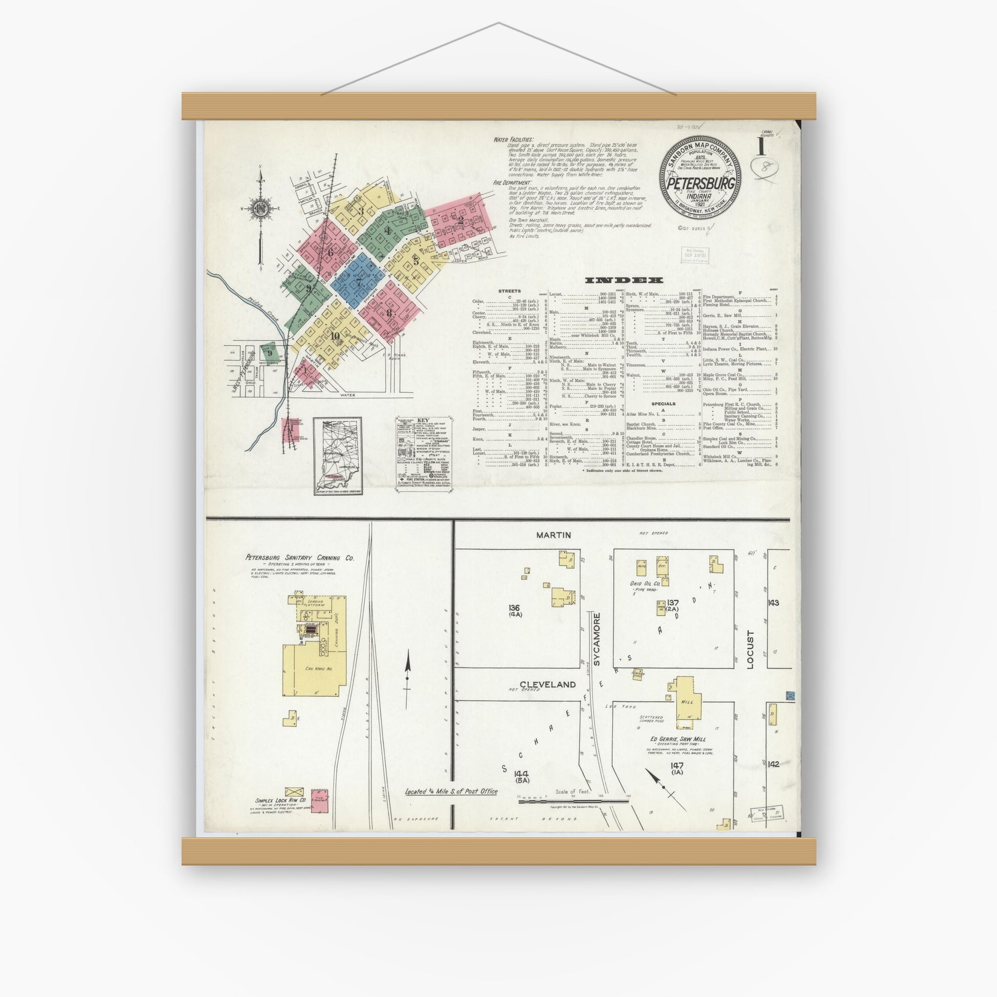 Old map wall art mockup — magnetic wood frame on white wall — Sanborn Fire Insurance Map from Petersburg, Pike County, Indiana (1921) - Complete Map Set