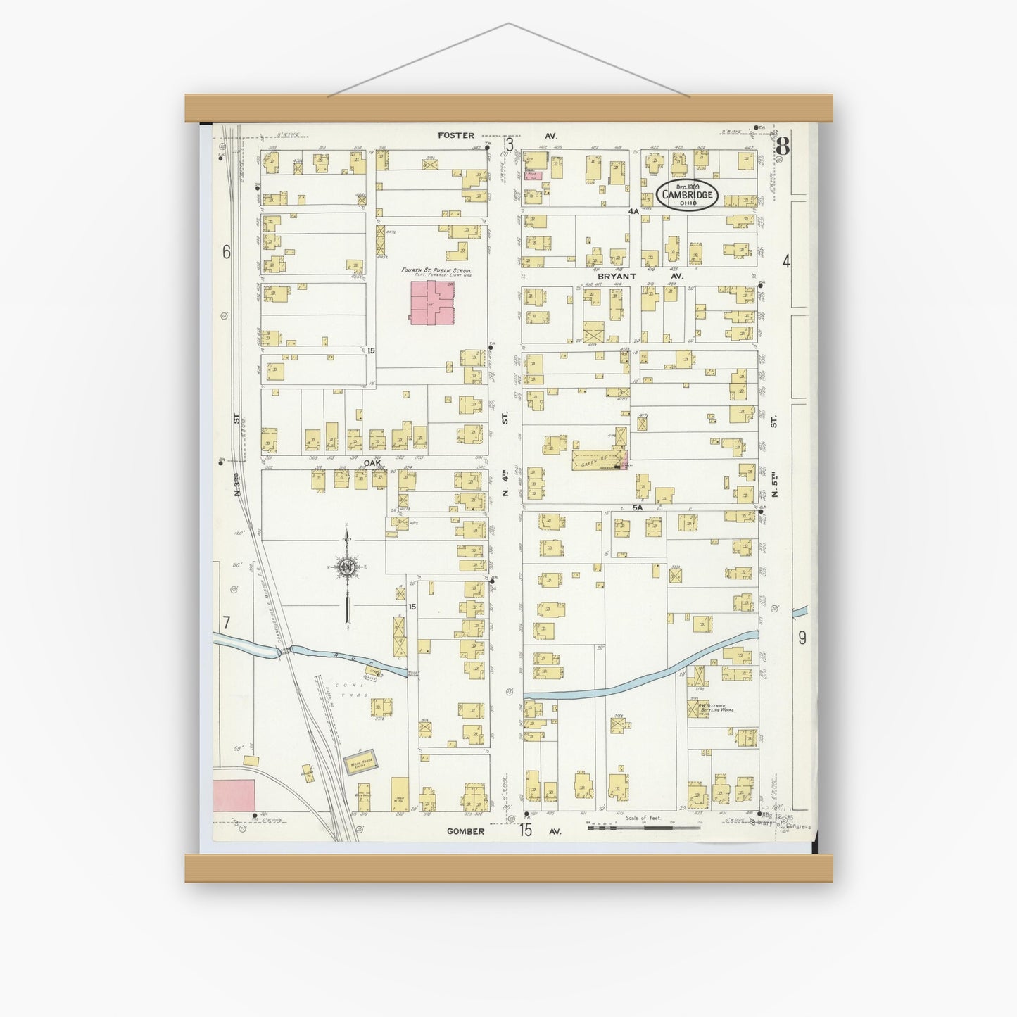 Old map wall art mockup — magnetic wood frame on white wall — Sanborn Fire Insurance Map from Cambridge, Guernsey County, Ohio (1909), Sheet #0008