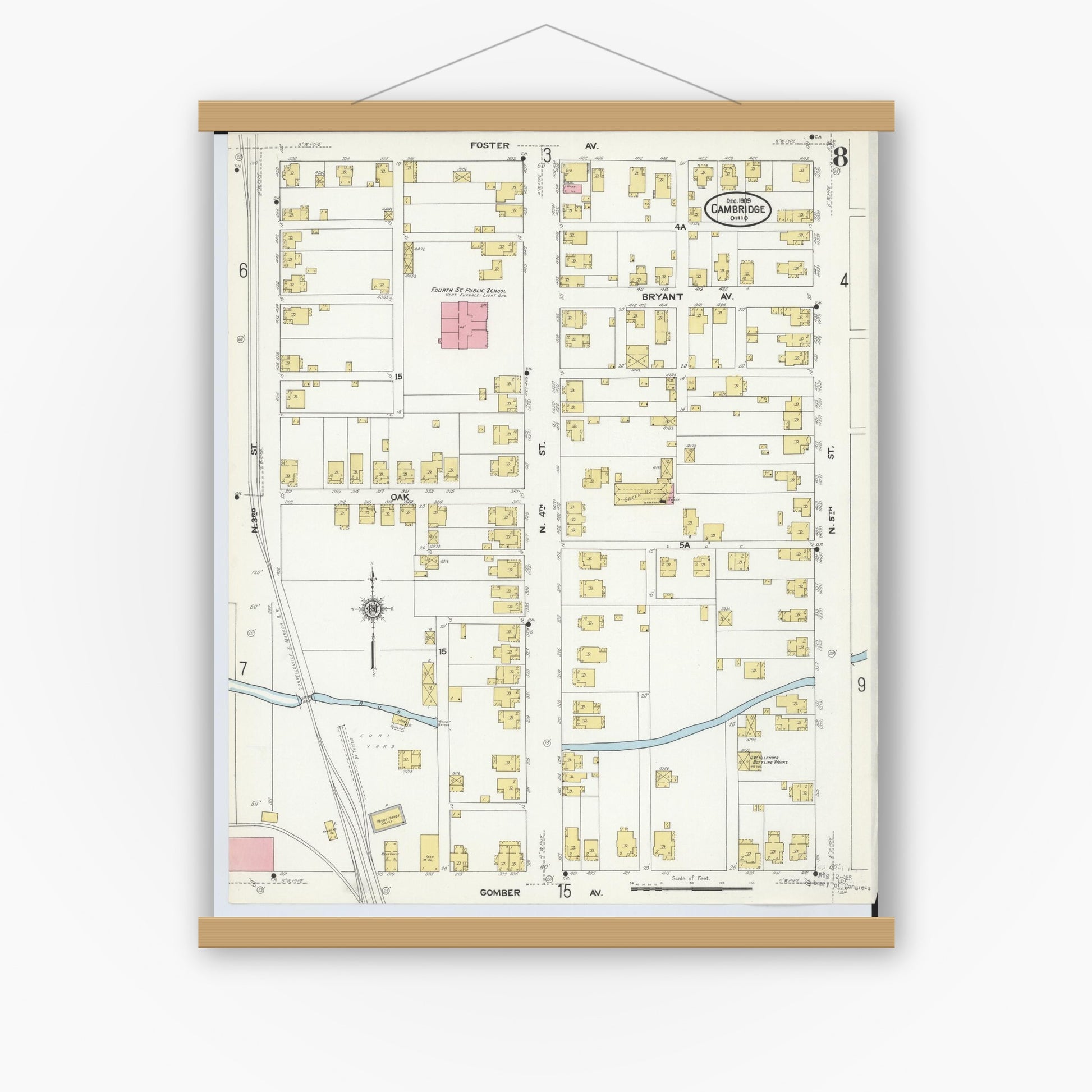 Old map wall art mockup — magnetic wood frame on white wall — Sanborn Fire Insurance Map from Cambridge, Guernsey County, Ohio (1909), Sheet #0008