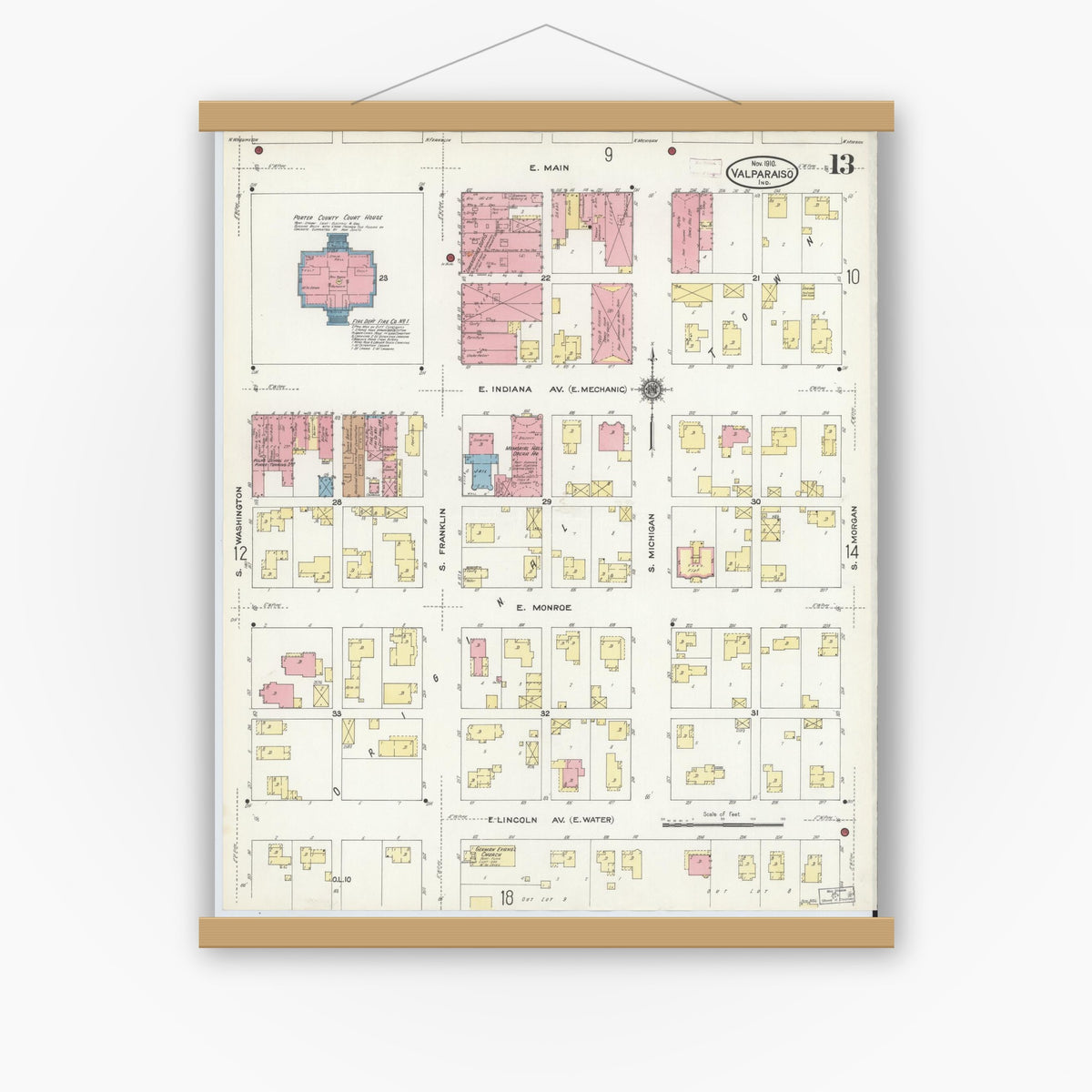 Old map wall art mockup — magnetic wood frame on white wall — Sanborn Fire Insurance Map from Valparaiso, Porter County, Indiana (1910), Sheet #0013