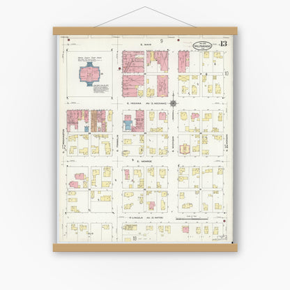 Old map wall art mockup — magnetic wood frame on white wall — Sanborn Fire Insurance Map from Valparaiso, Porter County, Indiana (1910), Sheet #0013