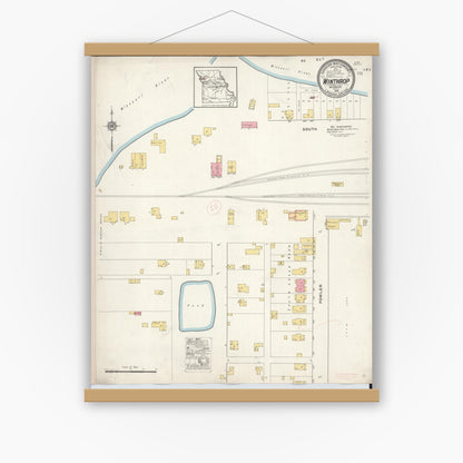 Old map wall art mockup — magnetic wood frame on white wall — Sanborn Fire Insurance Map from Winthrop, Buchanan County, Missouri (1916), Sheet #0001