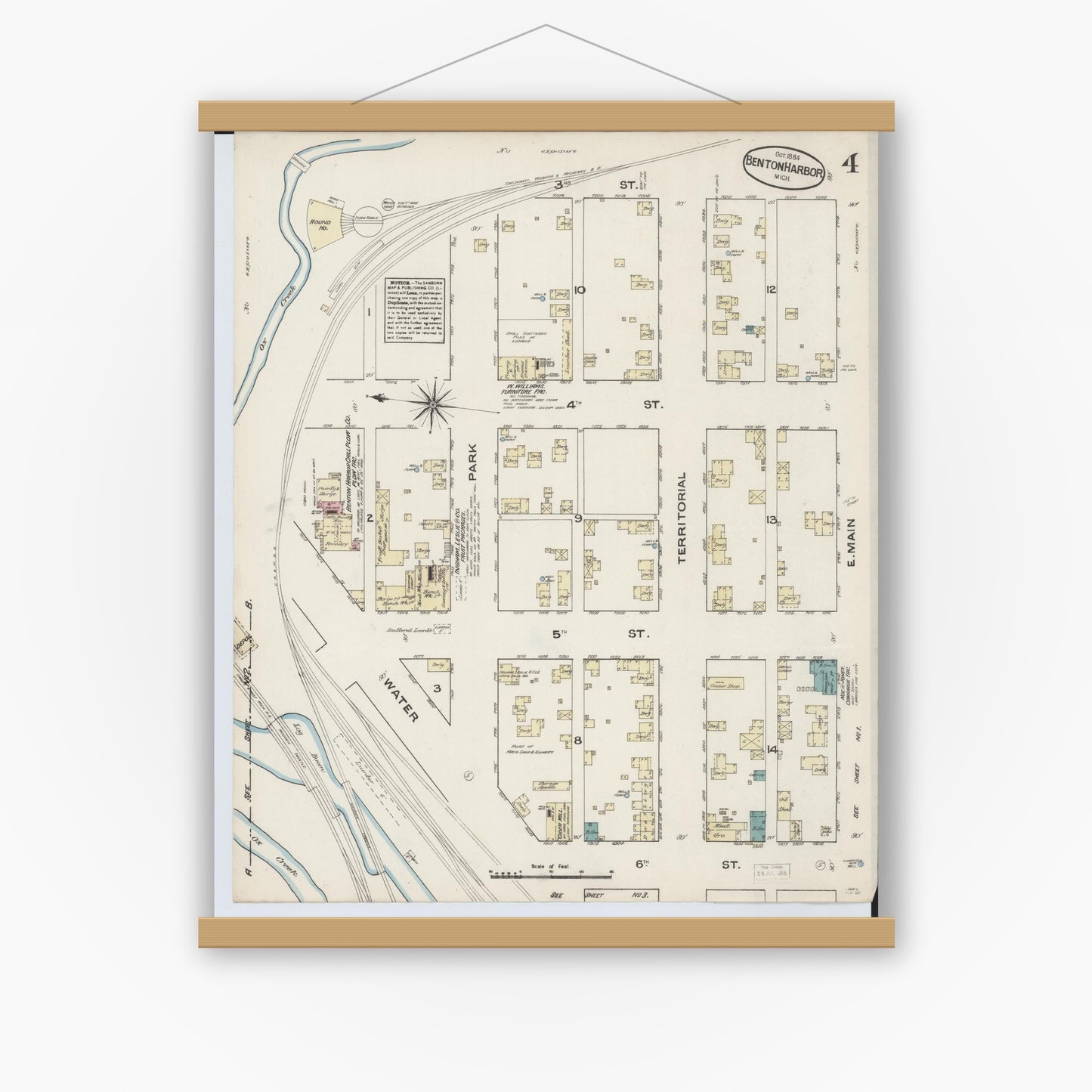 Old map wall art mockup — magnetic wood frame on white wall — Sanborn Fire Insurance Map from Benton Harbor, Berrien County, Michigan (1884), Sheet #0004