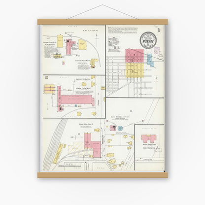 Old map wall art mockup — magnetic wood frame on white wall — Sanborn Fire Insurance Map from Monroe, Union County, North Carolina (1902) - Complete Map Set