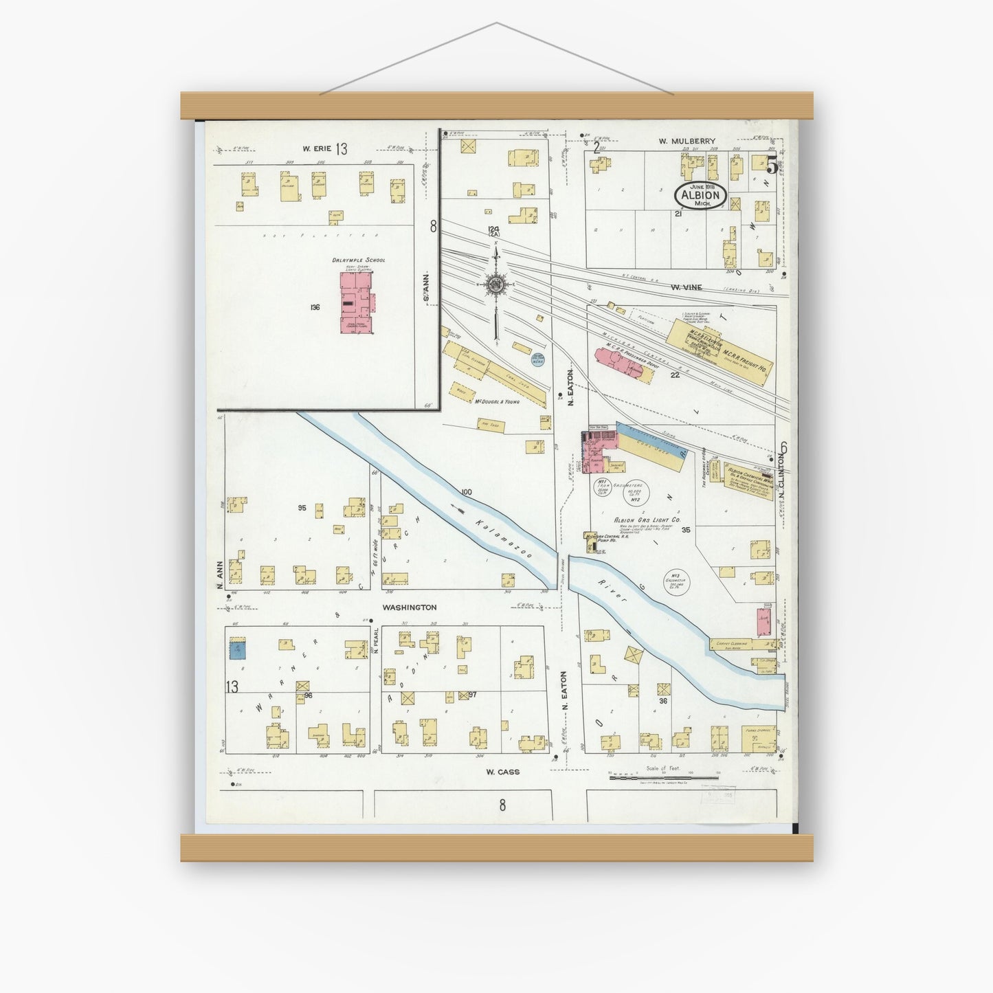 Old map wall art mockup — magnetic wood frame on white wall — Sanborn Fire Insurance Map from Albion, Calhoun County, Michigan (1918), Sheet #0005