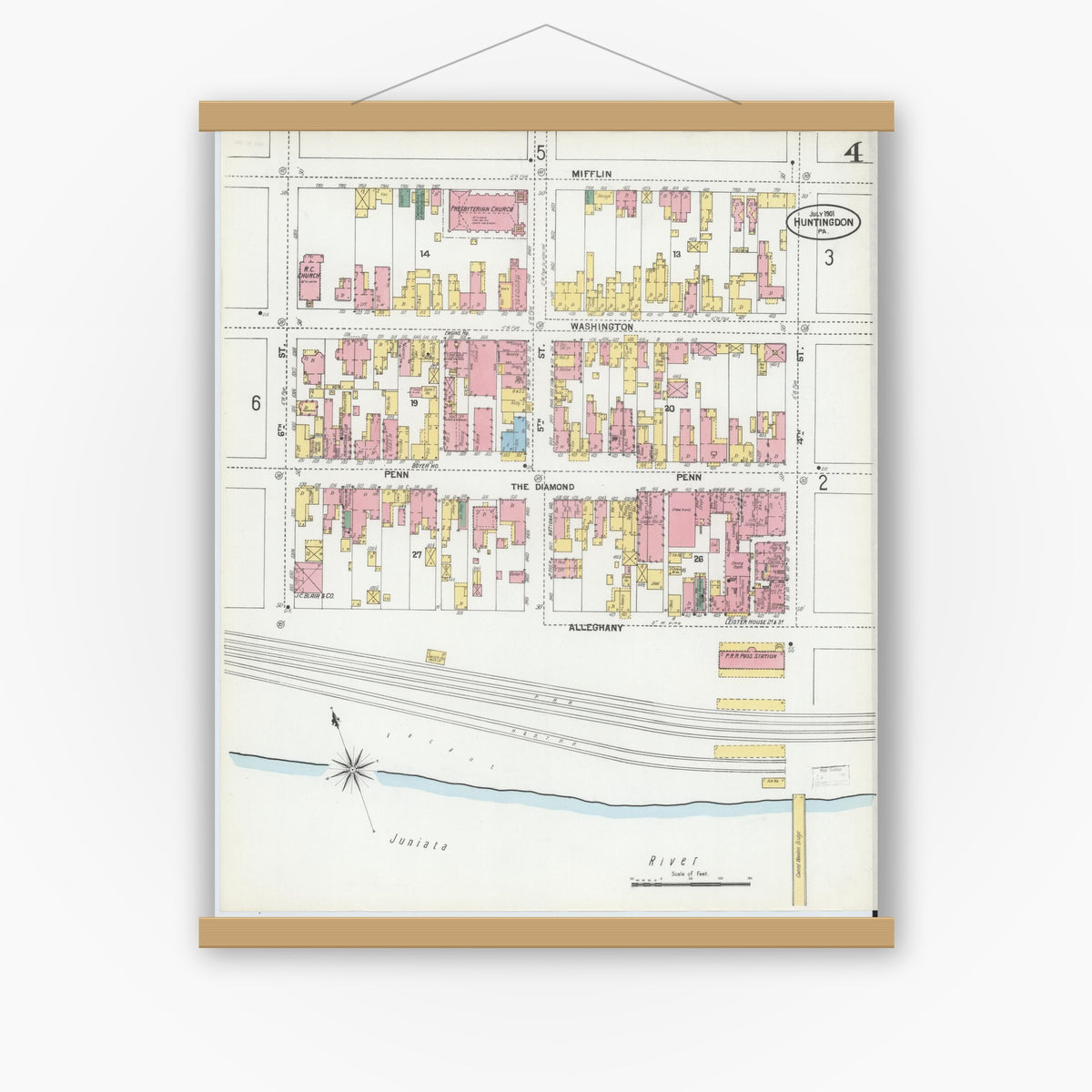 Old map wall art mockup — magnetic wood frame on white wall — Sanborn Fire Insurance Map from Huntingdon, Huntingdon County, Pennsylvania (1901), Sheet #0004