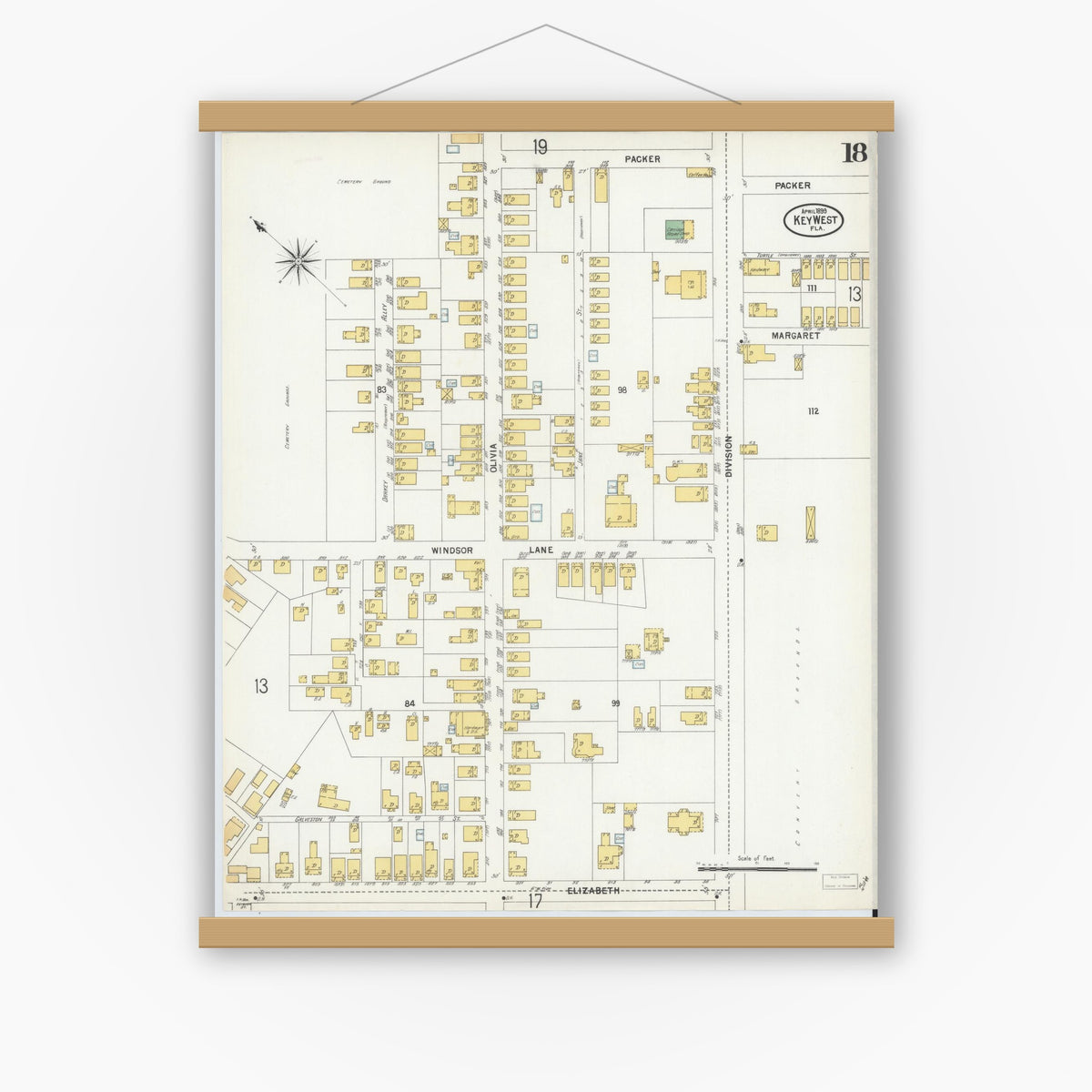 Old map wall art mockup — magnetic wood frame on white wall — Sanborn Fire Insurance Map from Key West, Monroe County, Florida (1899), Sheet #0018