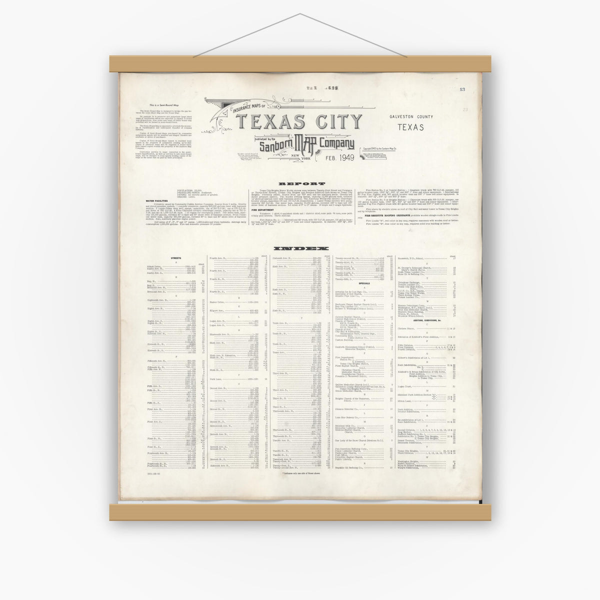 Old map wall art mockup — magnetic wood frame on white wall — Sanborn Fire Insurance Map from Texas City, Galveston County, Texas (1950), Sheet #0001
