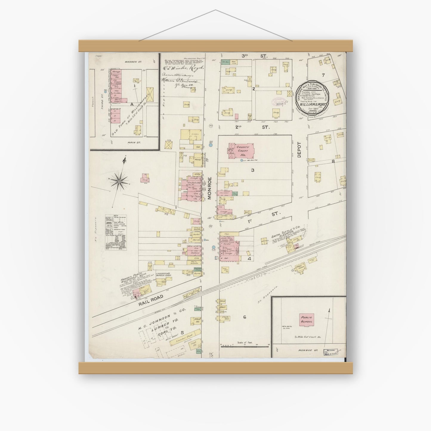 Old map wall art mockup — magnetic wood frame on white wall — Sanborn Fire Insurance Map from Williamsport, Warren County, Indiana (1887), Sheet #0001