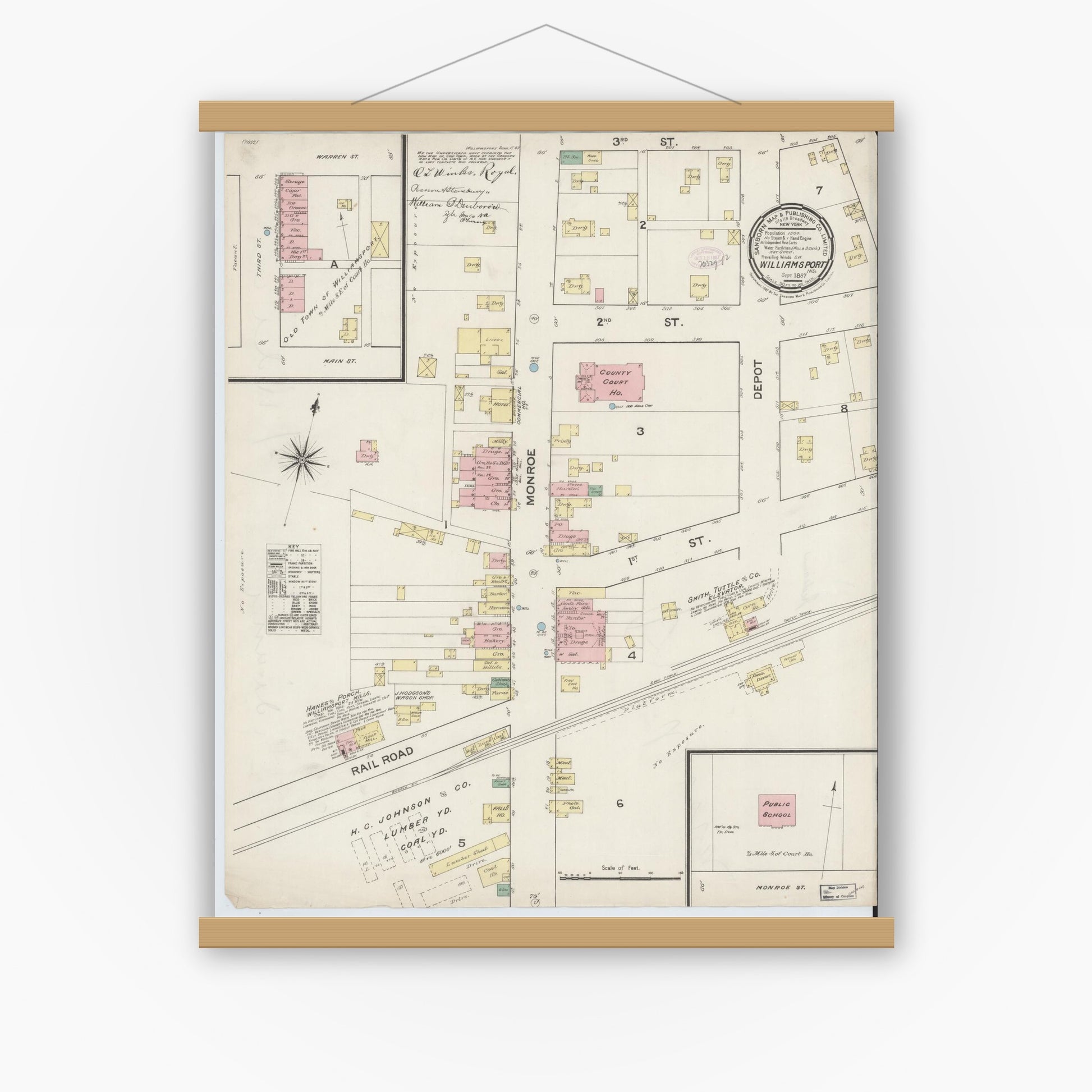 Old map wall art mockup — magnetic wood frame on white wall — Sanborn Fire Insurance Map from Williamsport, Warren County, Indiana (1887), Sheet #0001