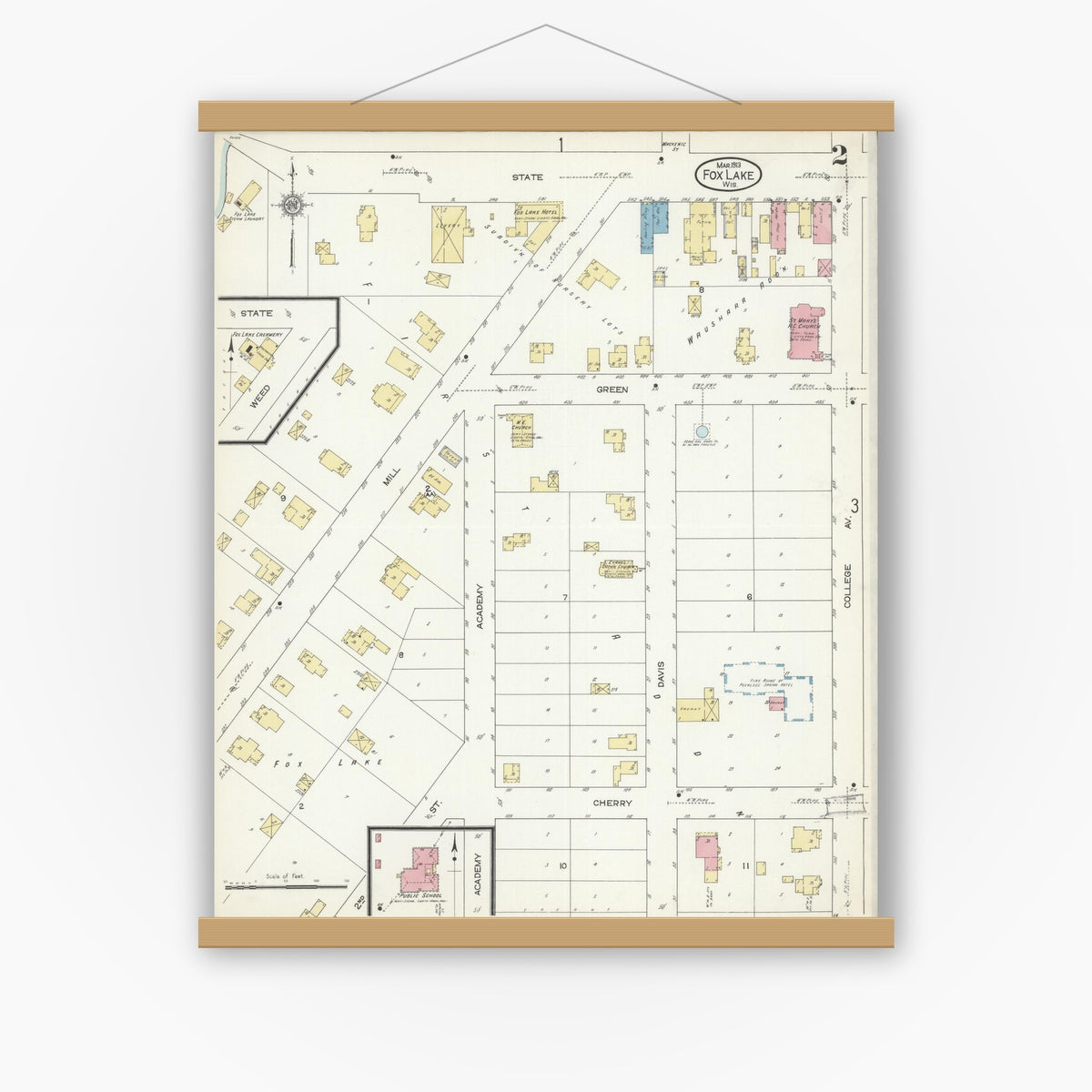 Old map wall art mockup — magnetic wood frame on white wall — Sanborn Fire Insurance Map from Fox Lake, Dodge County, Wisconsin (1913), Sheet #0002