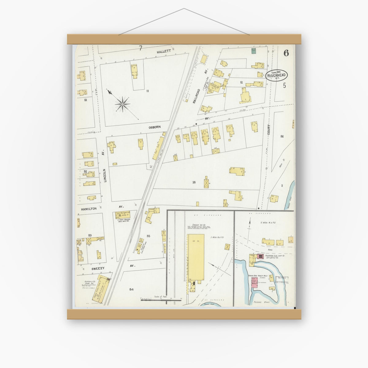 Old map wall art mockup — magnetic wood frame on white wall — Sanborn Fire Insurance Map from Riverhead, Suffolk County, New York (1902), Sheet #0006
