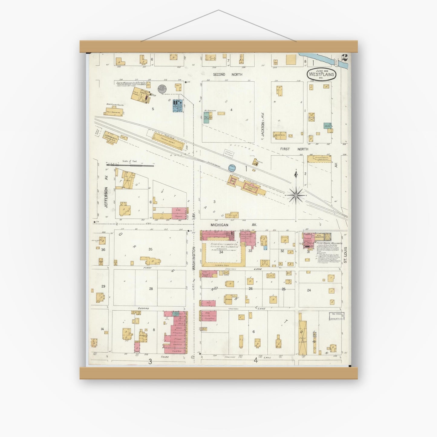 Old map wall art mockup — magnetic wood frame on white wall — Sanborn Fire Insurance Map from West Plains, Howell County, Missouri (1906), Sheet #0002