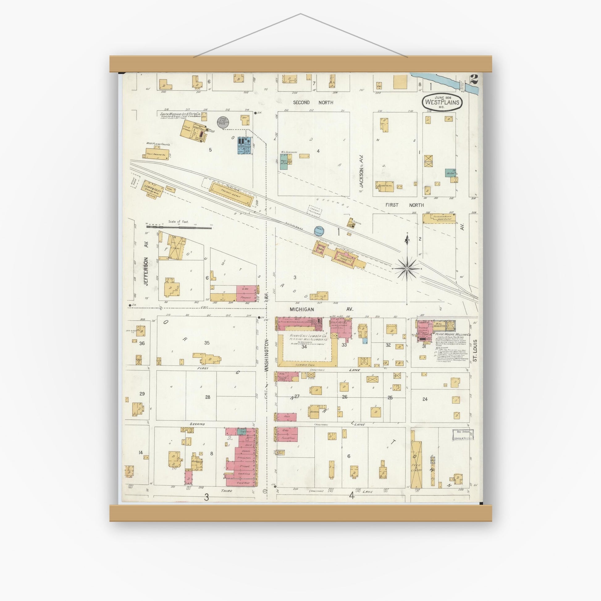 Old map wall art mockup — magnetic wood frame on white wall — Sanborn Fire Insurance Map from West Plains, Howell County, Missouri (1906), Sheet #0002