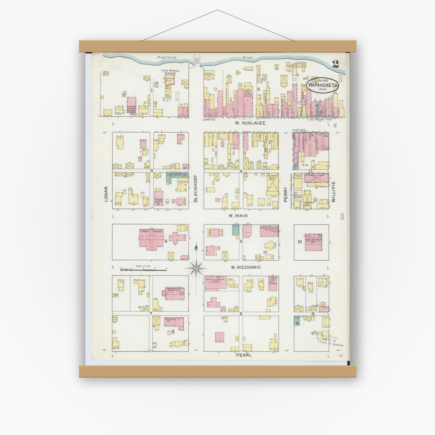 Old map wall art mockup — magnetic wood frame on white wall — Sanborn Fire Insurance Map from Wapakoneta, Auglaize County, Ohio (1892), Sheet #0002
