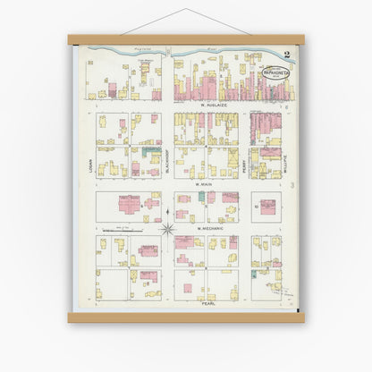 Old map wall art mockup — magnetic wood frame on white wall — Sanborn Fire Insurance Map from Wapakoneta, Auglaize County, Ohio (1892), Sheet #0002