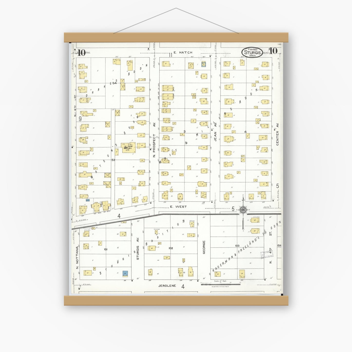 Old map wall art mockup — magnetic wood frame on white wall — Sanborn Fire Insurance Map from Sturgis, Saint Joseph County, Michigan (1923), Sheet #0010