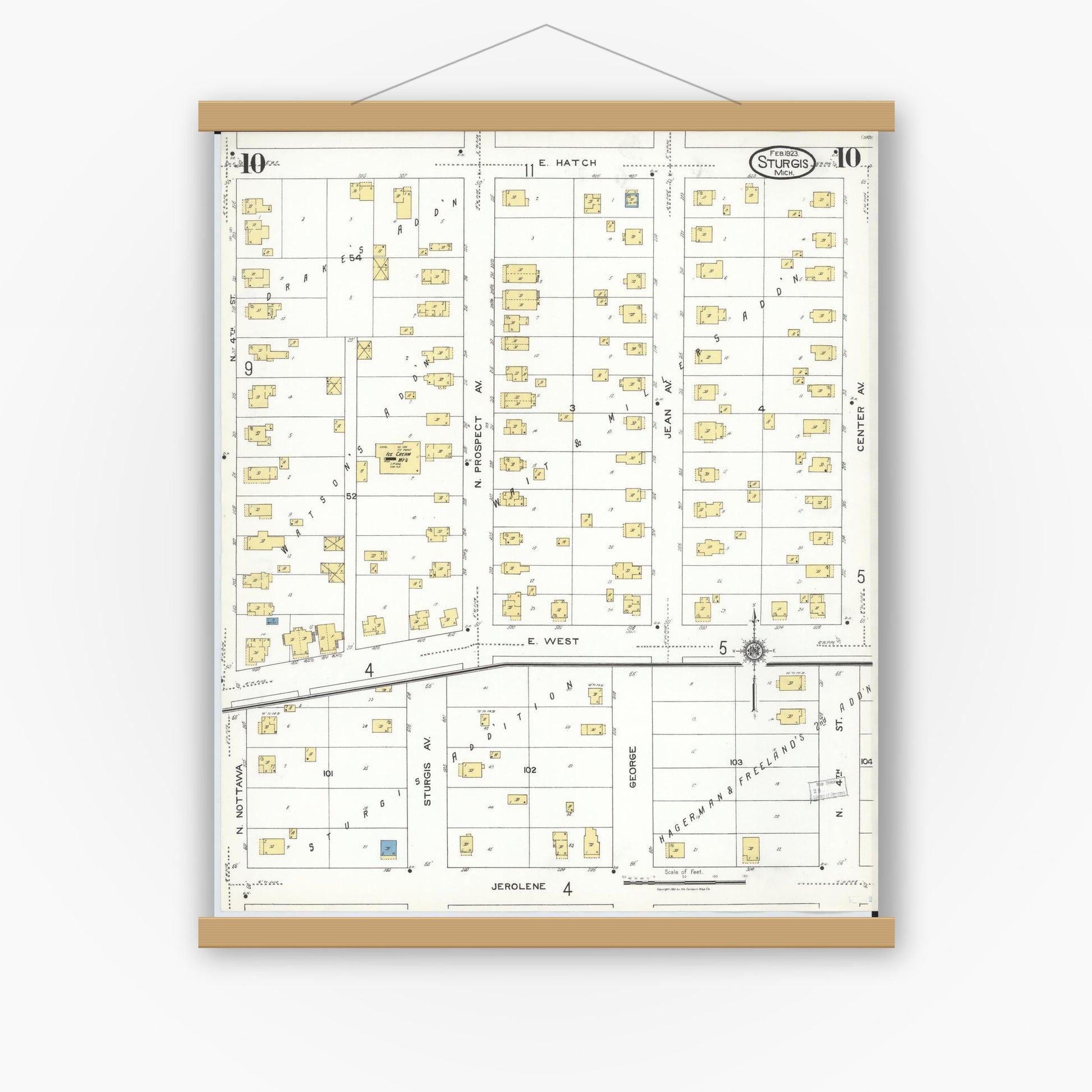 Old map wall art mockup — magnetic wood frame on white wall — Sanborn Fire Insurance Map from Sturgis, Saint Joseph County, Michigan (1923), Sheet #0010