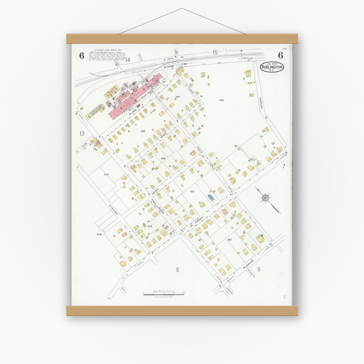 Old map wall art mockup — magnetic wood frame on white wall — Sanborn Fire Insurance Map from Burlington, Alamance County, North Carolina (1929), Sheet #0006