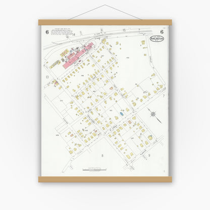 Old map wall art mockup — magnetic wood frame on white wall — Sanborn Fire Insurance Map from Burlington, Alamance County, North Carolina (1929), Sheet #0006