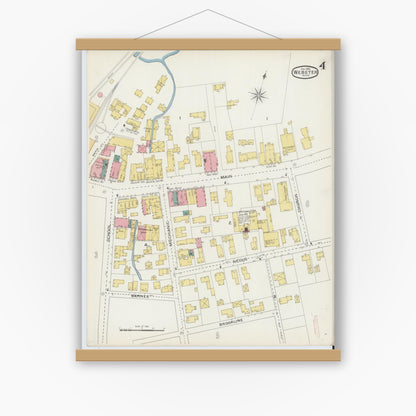 Old map wall art mockup — magnetic wood frame on white wall — Sanborn Fire Insurance Map from Webster, Worcester County, Massachusetts (1893), Sheet #0004