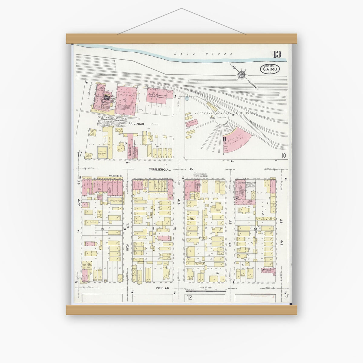Old map wall art mockup — magnetic wood frame on white wall — Sanborn Fire Insurance Map from Cairo, Alexander County, Illinois (1914), Sheet #0013