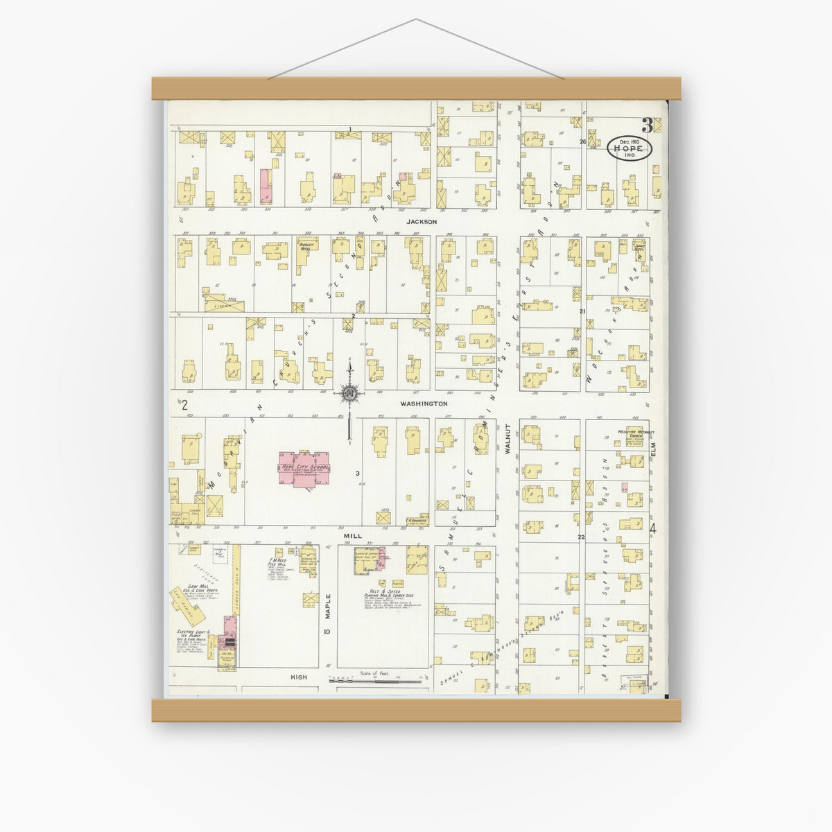 Old map wall art mockup — magnetic wood frame on white wall — Sanborn Fire Insurance Map from Hope, Bartholomew County, Indiana (1910), Sheet #0003